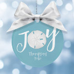 Blue Christmas Holiday Joy Photo Beach Sand Dollar Ornament<br><div class="desc">This design features Christmas holiday elegant simple beach,  nautical coastal sea ocean life,  sand dollar joy minimalist teal,  trendy stylish calligraphy script font,  turquoise teal blue tropical island,  Christmas holiday wrapping supplies,  sea shells coastal living coast,  Christmas holiday beach house cottage cushion home décor</div>
