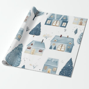 Blue Christmas House und Bäume Geschenkpapier