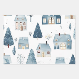 Blue Christmas House und Bäume Geschenkpapier Set