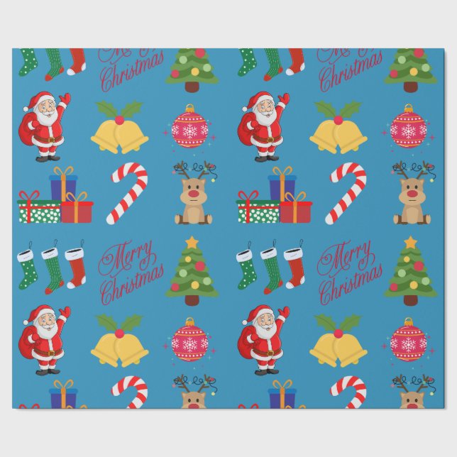 Blue Christmas Icons Wrapping Paper Geschenkpapier (Saum)
