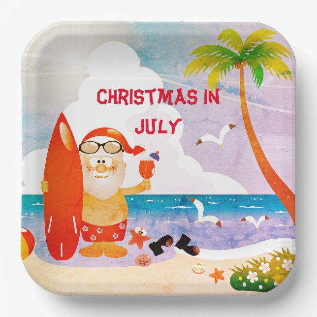 Blue Christmas im Juli Santa Claus Summer Beach  Pappteller (Vorderseite)