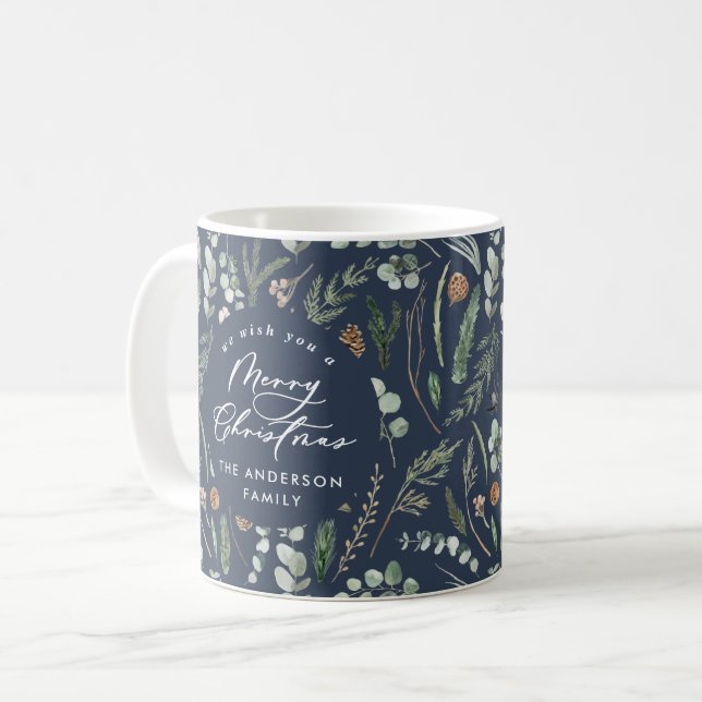 Blue Christmas minimale botanische Foto Kaffeetasse (Vorderseite Links)