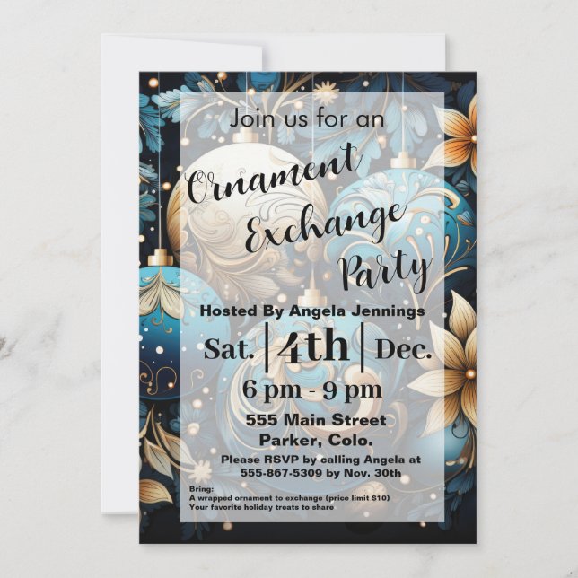 Blue Christmas Ornament Party Einladung Karten (Vorderseite)