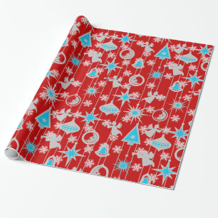 Blue Christmas Ornaments Red Wrapping Paper Geschenkpapier