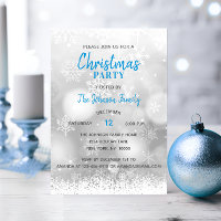 Blue CHRISTMAS PARTY Silver Snowflake Snow
