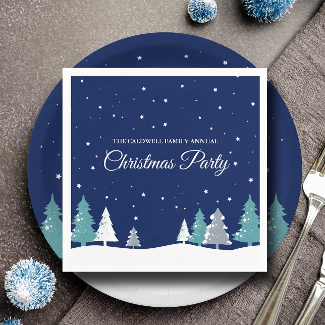 Blue Christmas Party Winter Trees Schnee Party Serviette (Von Creator hochgeladen)