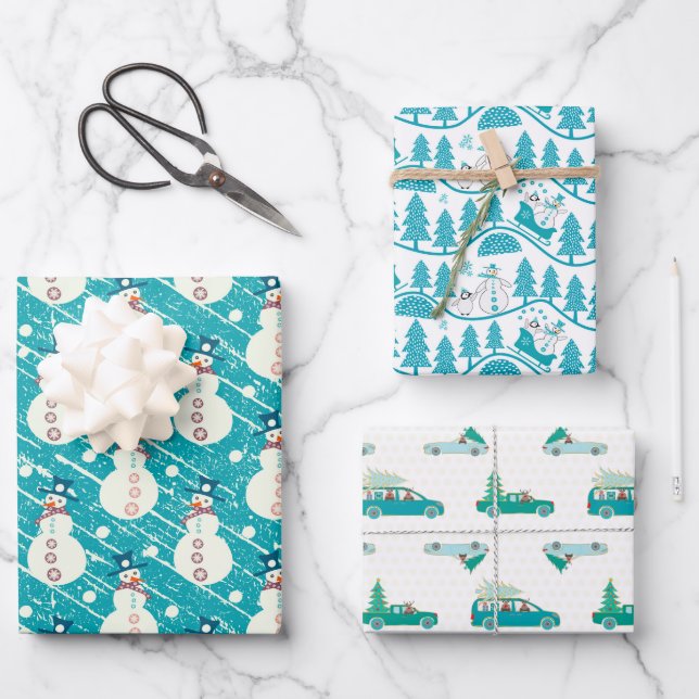 Blue Christmas Penguin, Snowman, Rentier Set of Geschenkpapier Set (Vorderseite)