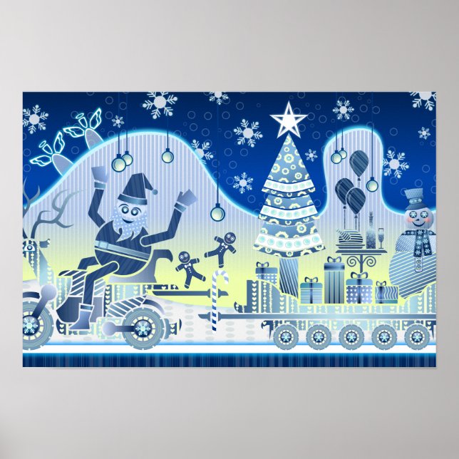 Blue Christmas Santa Claus Snowman Poster Tree (Vorne)