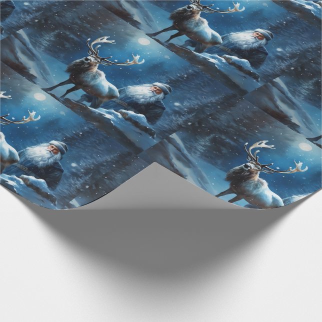 Blue Christmas Santa und Reindeer Geschenkpapier (Ecke)