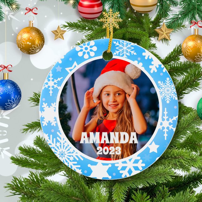 Blue Christmas Snowflakes Personalisiert Kids Foto Keramik Ornament (Von Creator hochgeladen)
