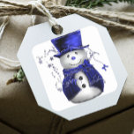 Blue Christmas Snowman Quadratischer Aufkleber<br><div class="desc">Ein skurriler,  niedlicher Schneemann-Aufkleber,  der ihn in einem blauen Samthut und einer passenden Weste gekleidet hat,  umgeben von blauen Sternen zu Weihnachten.</div>