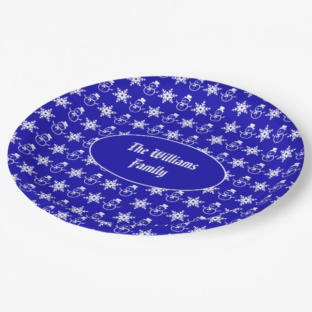 Blue Christmas Snowman Snowflakes Pattern Modern Pappteller (Schrägansicht)