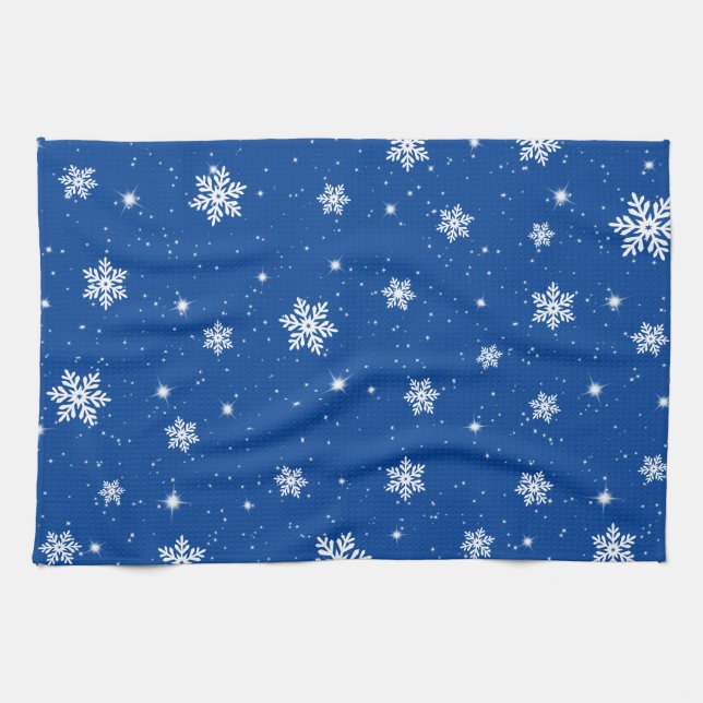 Blue Christmas Stars Snowflakes Pattern Geschirrtuch (Horizontal)