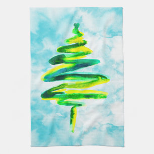 Blue Christmas tree abstrakte Aquarellfarbe Küche Geschirrtuch