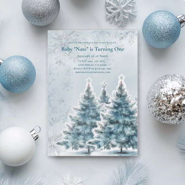 Blue Christmas Tree Baby 1st Birthday Invitation Einladung (Von Creator hochgeladen)