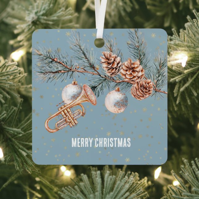 Blue Christmas Tree Pine Cones Ornaments Trumpet Ornament Aus Metall (InSitu)
