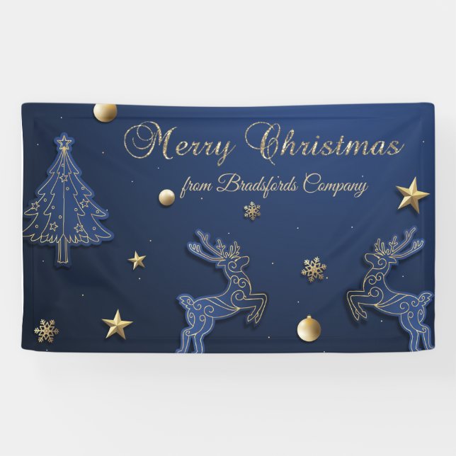Blue Christmas Tree Rentier Stars Banner (Horizontal)