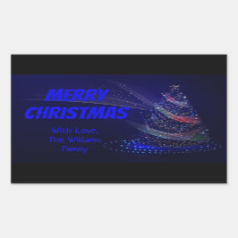 Blue Christmas Tree Stars String of Lights Elegant Rechteckiger Aufkleber