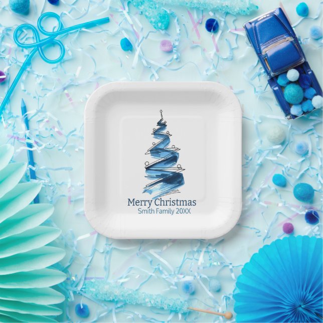 Blue Christmas Tree Watercolor Pappteller (Party)