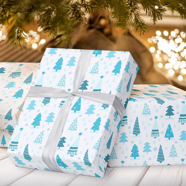 Blue Christmas Trees Moderne Weihnachten Geschenkpapier (Blue Christmas trees Christmas wrapping paper)
