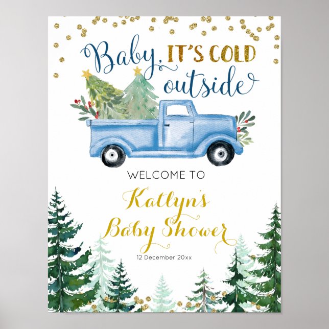 Blue Christmas Truck Baby Dusche Begrüßungszeichen Poster (Vorne)