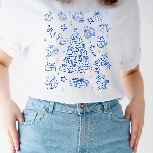 Blue Christmas Whimsy - Cute Festive Doodles T-Shirt (Von Creator hochgeladen)