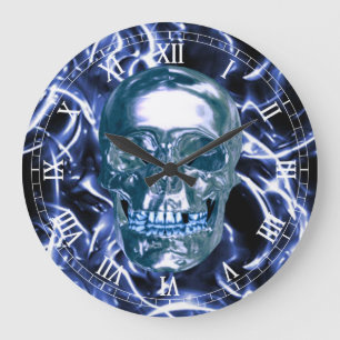Blue Chrome Skull Roman Numerals Clock Große Wanduhr
