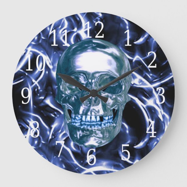 Blue Chrome Skull Round Clock Große Wanduhr (Vorderseite)