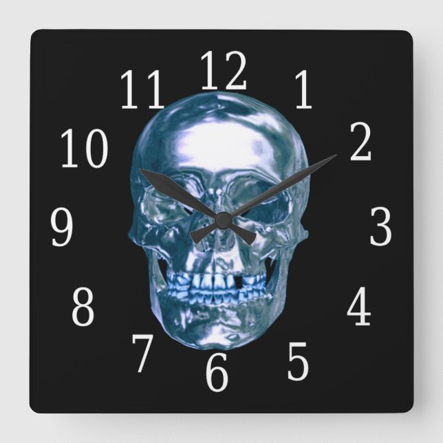 Blue Chrome Skull Square Uhr (Vorderseite)