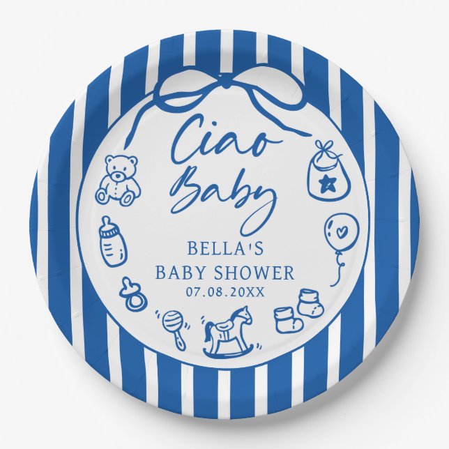 Blue Ciao Bambino Italian Illustrated Baby Shower Pappteller (Vorderseite)