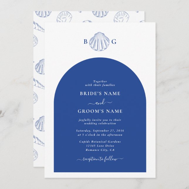 Blue Clam Seashells Coastal Seaside Beach Wedding Einladung (Vorne/Hinten)