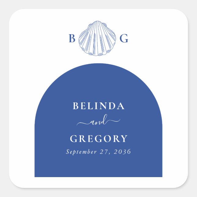 Blue Clam Seashells Coastal Seaside Beach Wedding Quadratischer Aufkleber (Vorderseite)