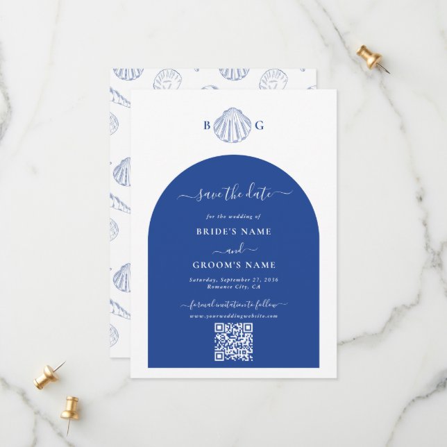 Blue Clam Seashells Coastal Seaside Beach Wedding Save The Date (Vorderseite/Rückseite Beispiel)
