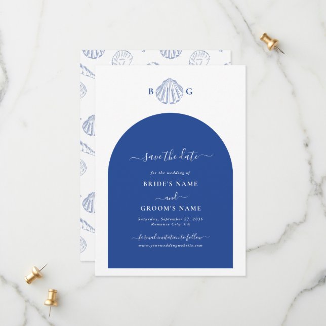 Blue Clam Seashells Coastal Seaside Beach Wedding Save The Date (Vorderseite/Rückseite Beispiel)