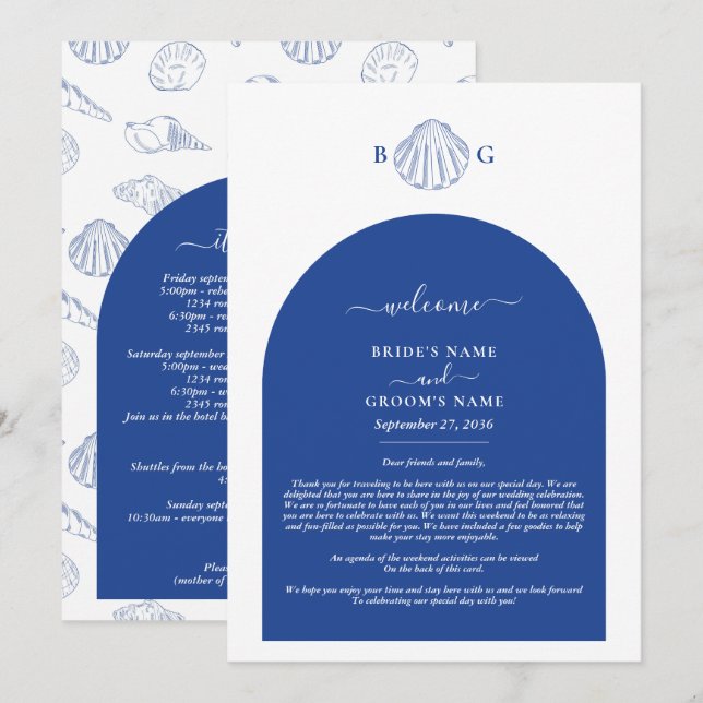 Blue Clam Seashells Coastal Wedding Itinerary Programm (Vorne/Hinten)