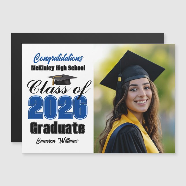 Blue Class of 2026 Graduation Photo Magnet Card (Vorne/Hinten)