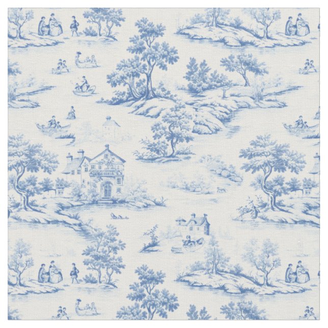 Blue Classic French Toile de Jouy Designer Stoff (Nahaufnahme)