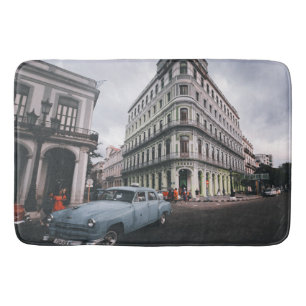 Blue Classic Vintage Car Cityscape Badematte