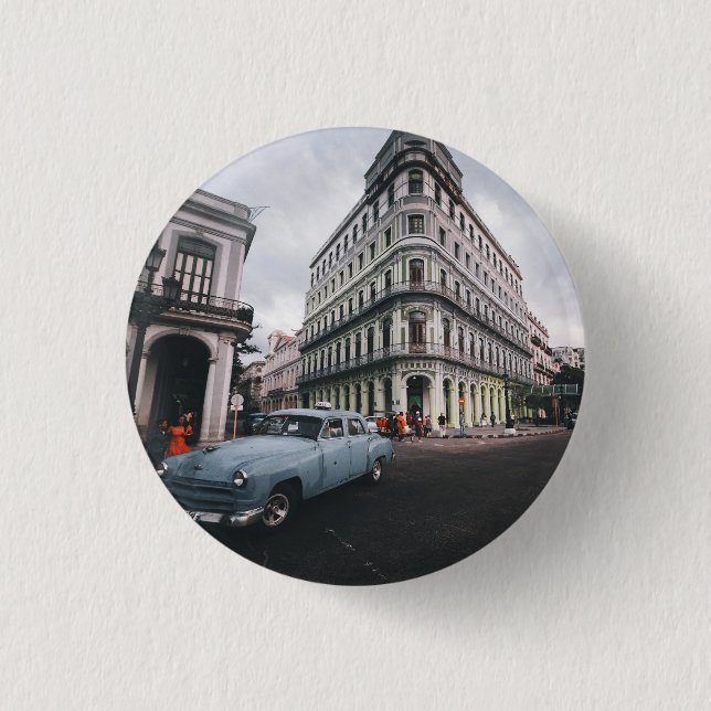 Blue Classic Vintage Car Cityscape Button (Vorderseite)