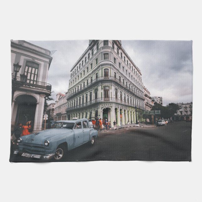 Blue Classic Vintage Car Cityscape Geschirrtuch (Horizontal)