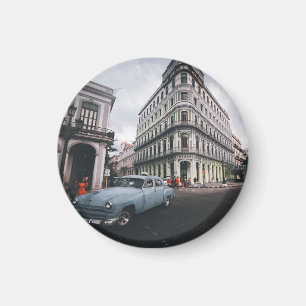 Blue Classic Vintage Car Cityscape Magnet