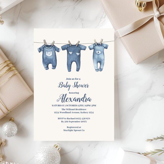 Blue Clothesline Baby Dusche Einladung (Von Creator hochgeladen)