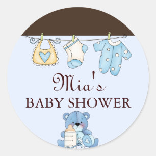 Blue Clothesline Baby Showaufkleber Runder Aufkleber