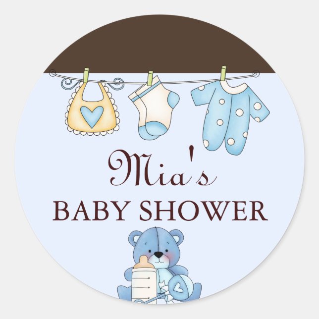 Blue Clothesline Baby Showaufkleber Runder Aufkleber (Vorderseite)