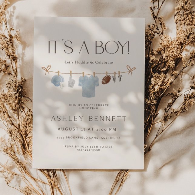 Blue Clothesline It’s a Boy Football Baby Shower Einladung (Von Creator hochgeladen)