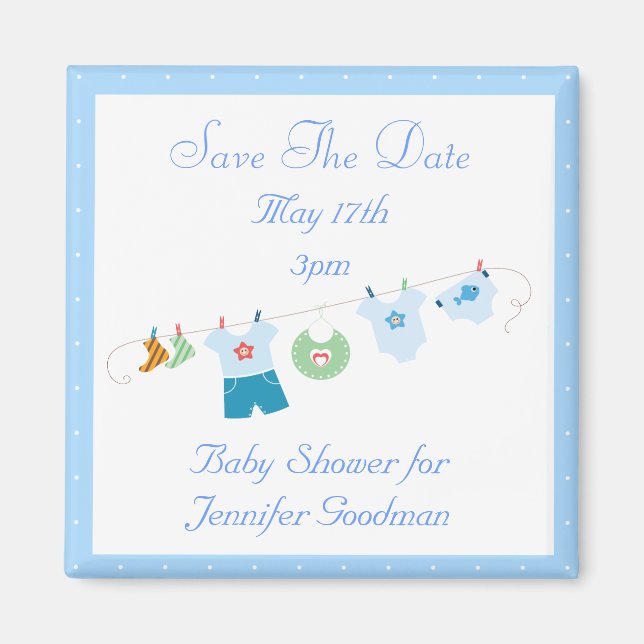 Blue Clothesline Save the Date Babydusche Magnet (Vorne)