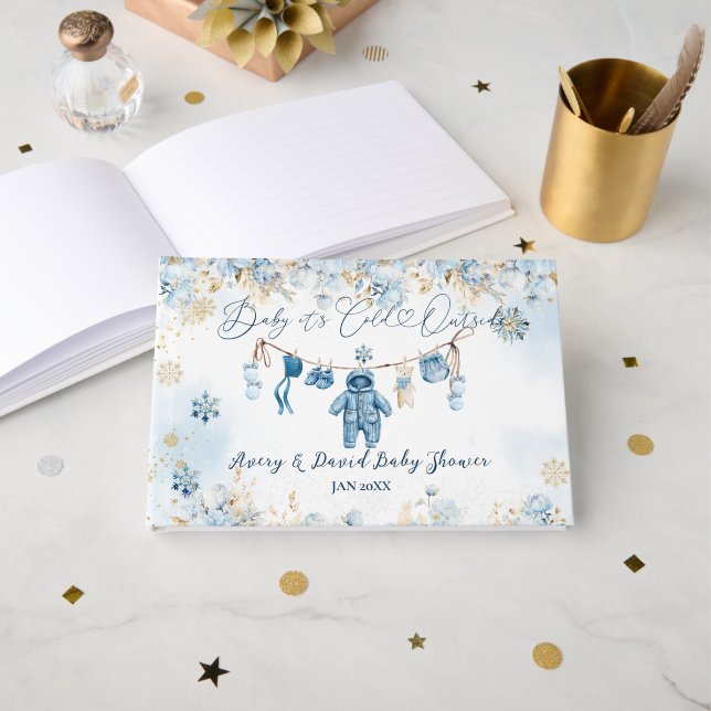 Blue ClothestLine Cold Outside Baby Boy Dusche Gästebuch (Vorderseite Offen)