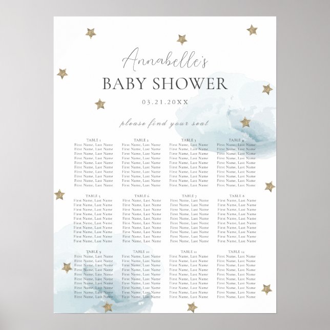 Blue Cloud 9 Stars Baby Shower Chart Poster (Vorne)