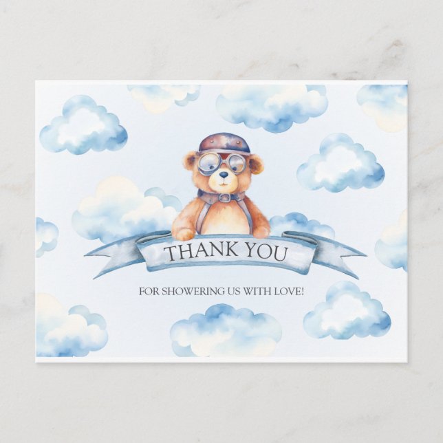 Blue Cloud Vintag Boy Bear Baby Dusche Postkarte (Vorderseite)