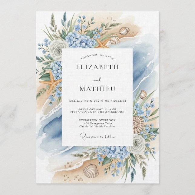 Blue Coastal Bloom Beach Wedding Einladung (Vorderseite)